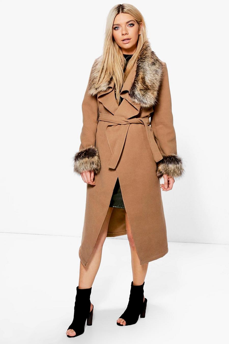 Camel beige Mya Faux Fur Collar and Cuff Coat image number 1