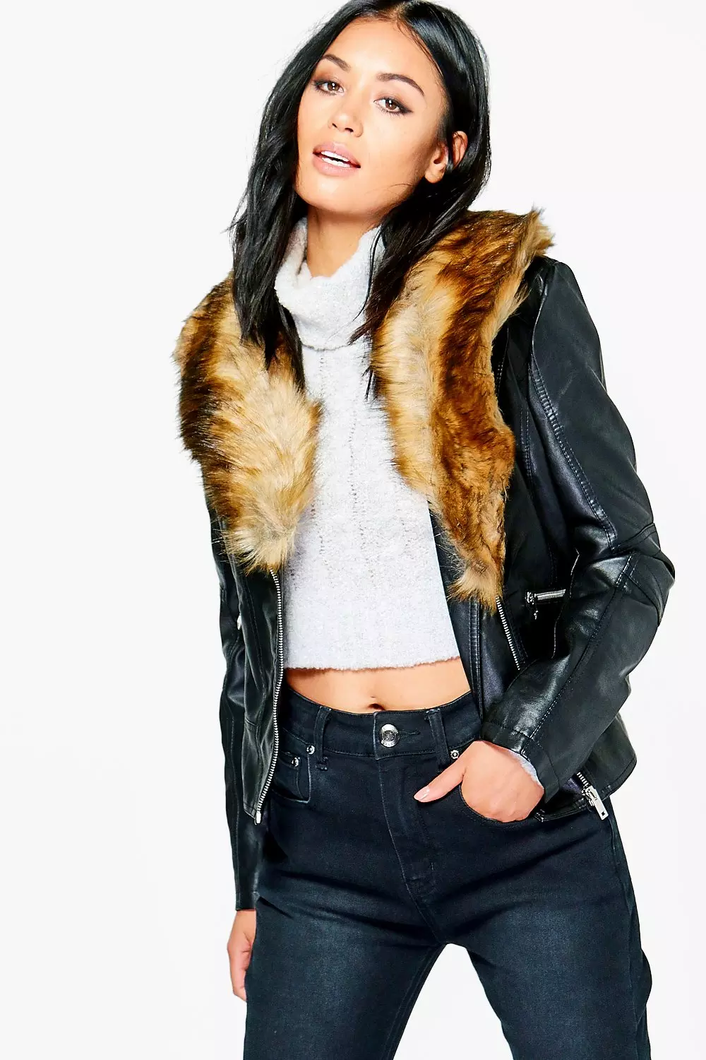 Black faux leather outlet jacket with fur collar