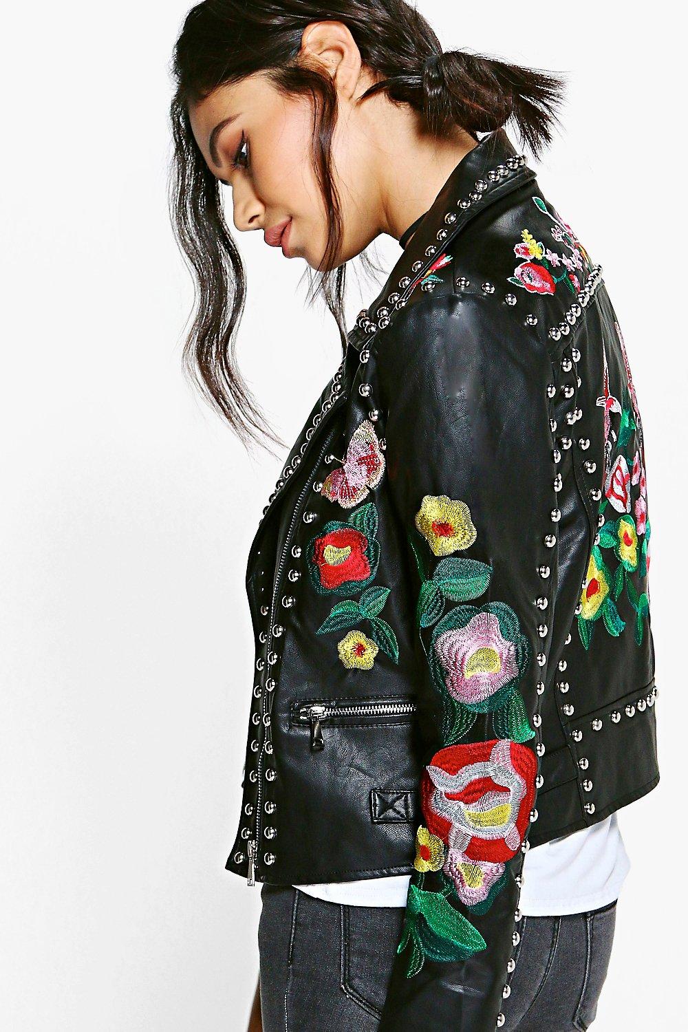 Bethany Boutique Embroidered Moto Jacket boohoo