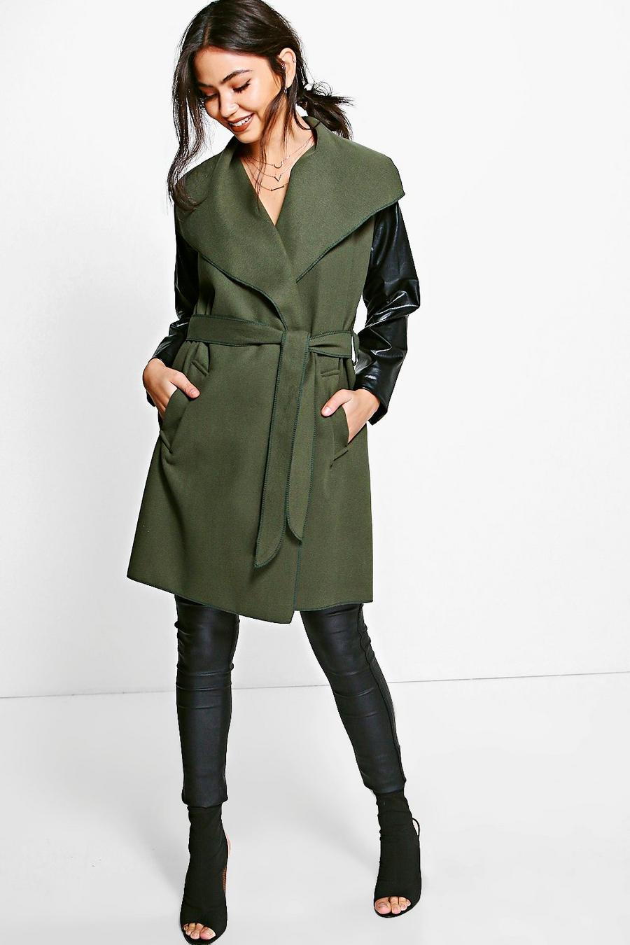 Khaki Lauren Faux Leather Sleeve Coat image number 1