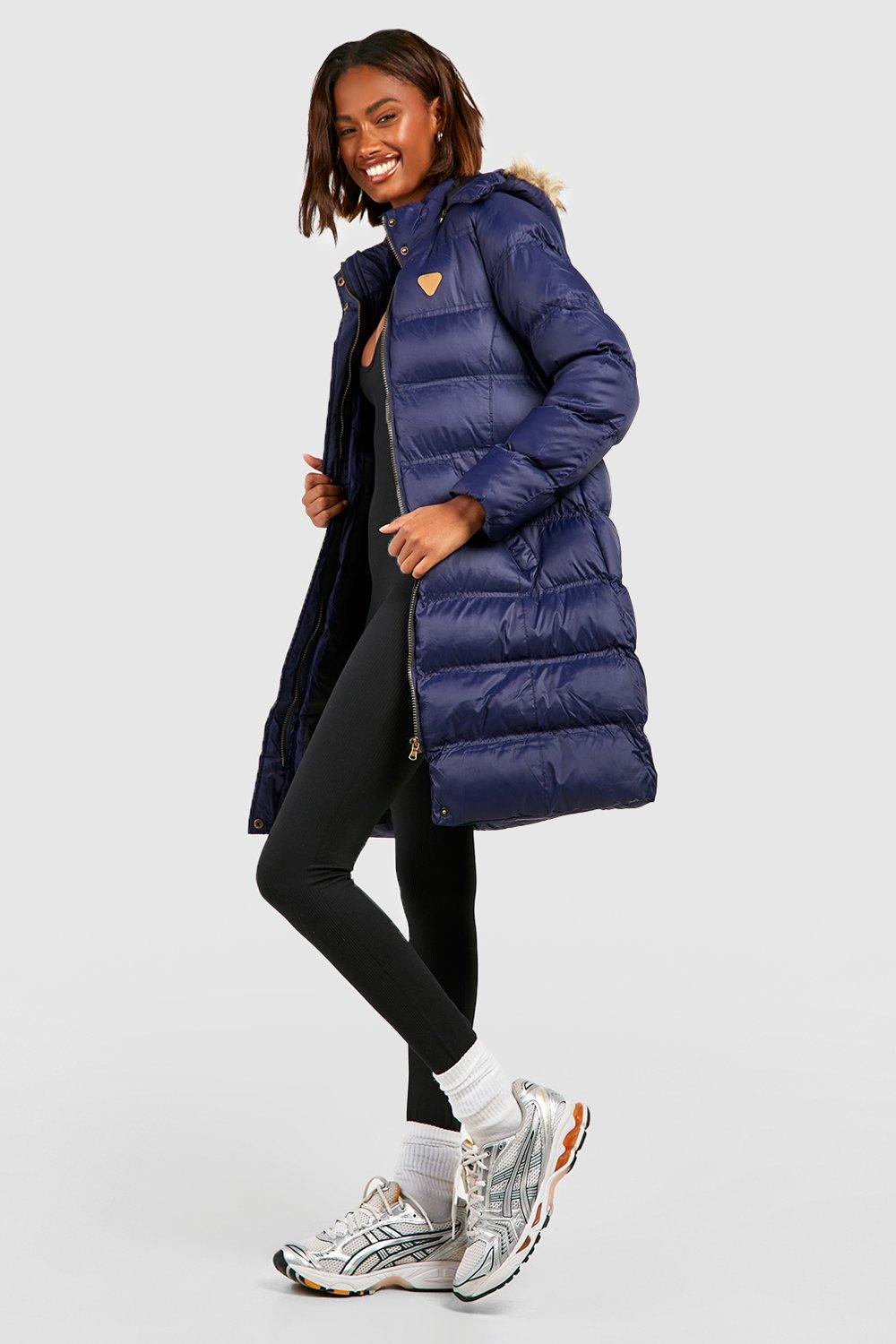 boohoo longline padded coat with hood in black