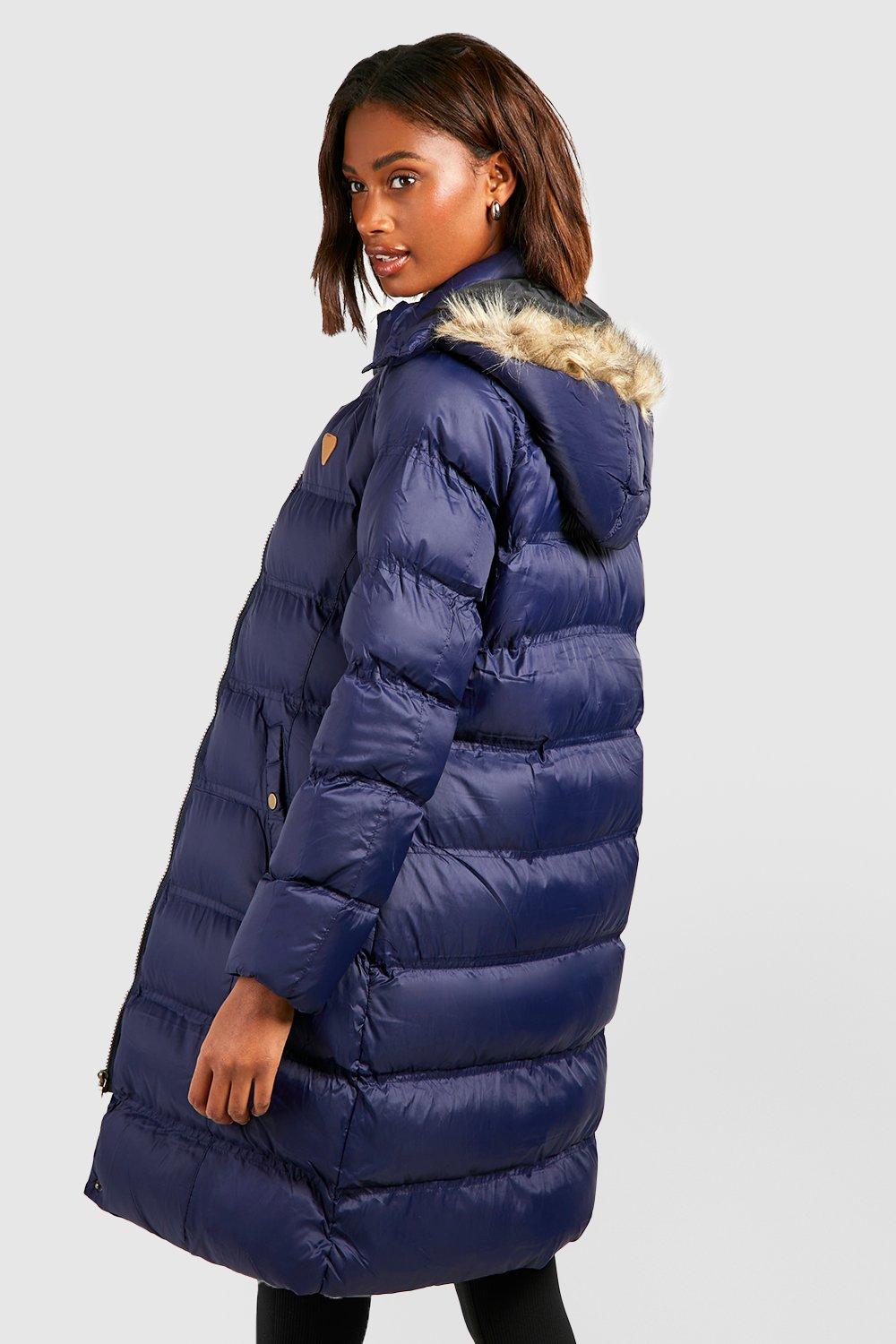 Ladies long navy padded coat on sale