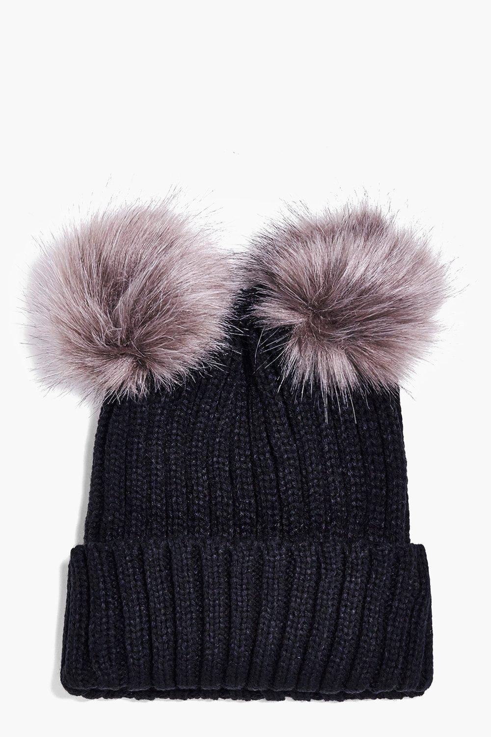 Violet Double Faux Fur Pom Beanie Hat | boohoo