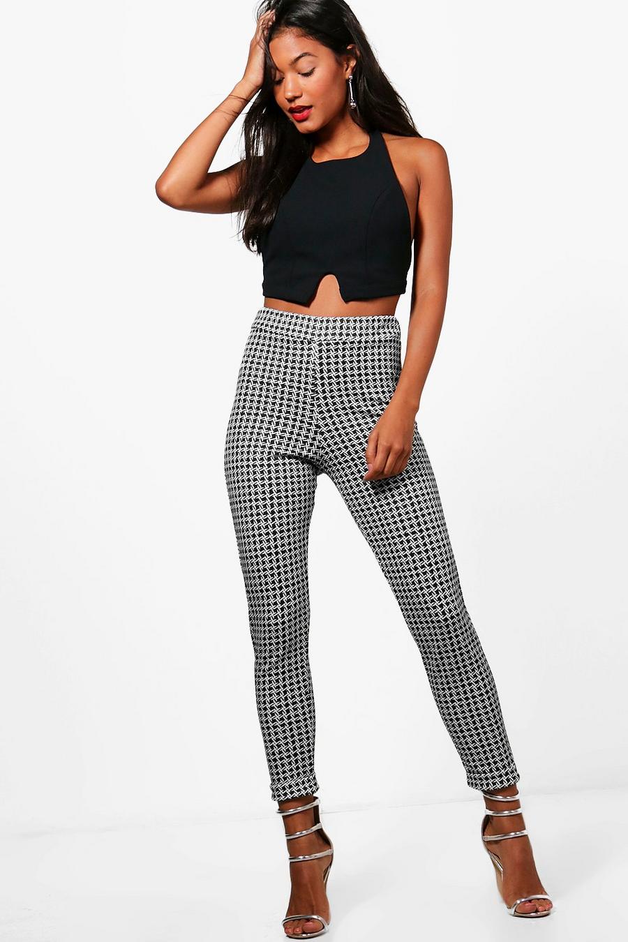 Black Monochrome Check Skinny Stretch Trousers image number 1