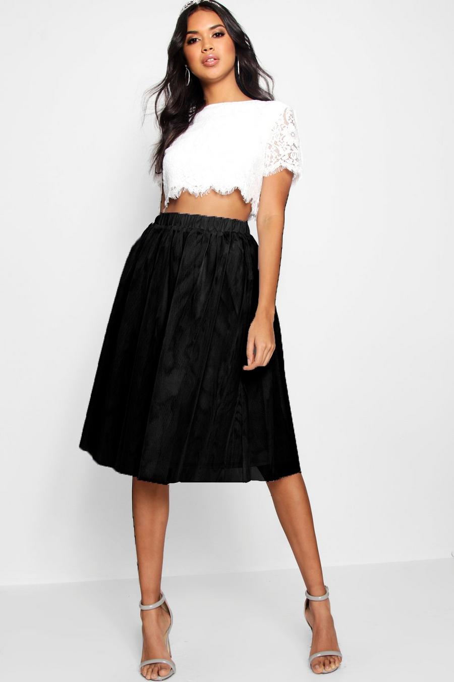 Black svart Woven Lace Top & Tulle Midi Skirt 