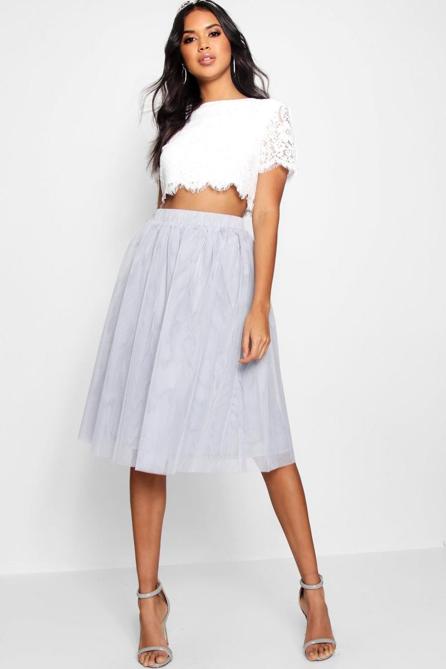 Grey Woven Lace Top & Tulle Midi Skirt  image number 1