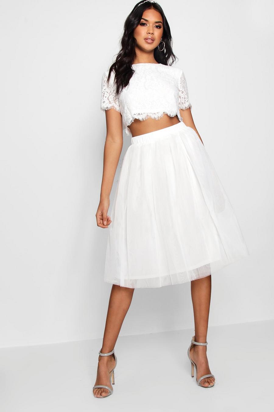 White blanco Woven Lace Top & Tulle Midi Skirt 