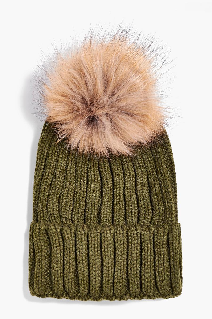 Khaki Matilda Detachable Faux Fur Pom Beanie Hat image number 1