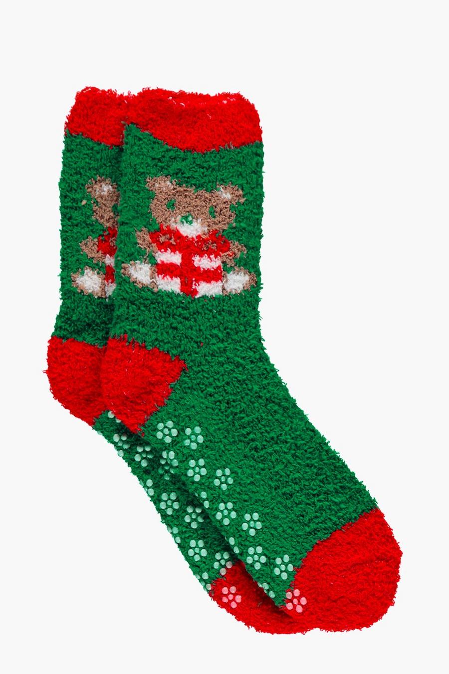 Green grön Poppy Christmas Bear Slipper Socks image number 1
