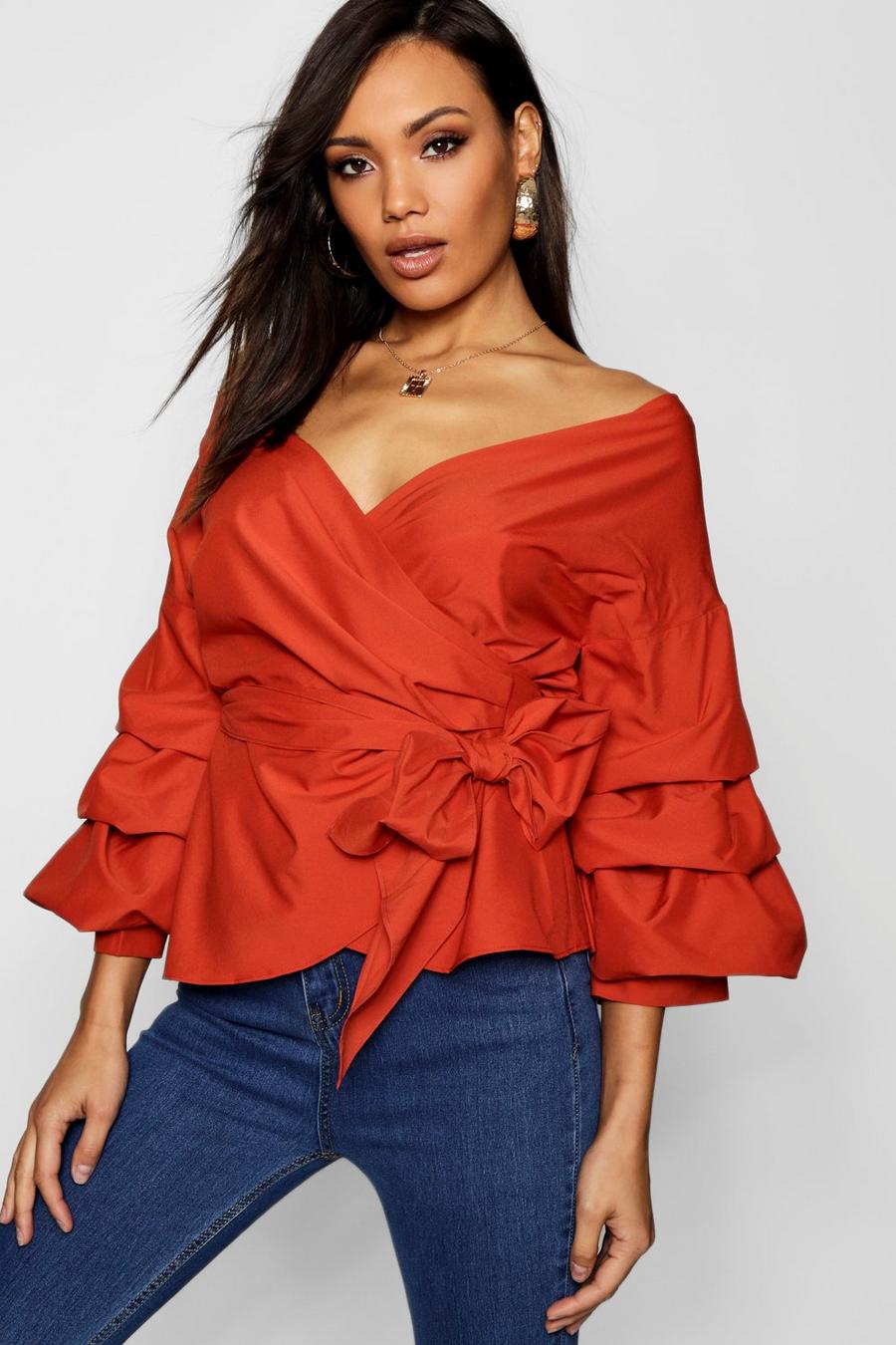 Brick Ruffle Tiered Sleeve Wrap Top image number 1