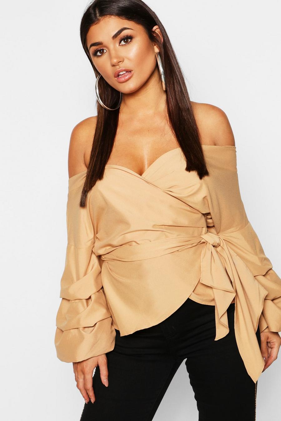 Camel Ruffle Tiered Sleeve Wrap Top image number 1
