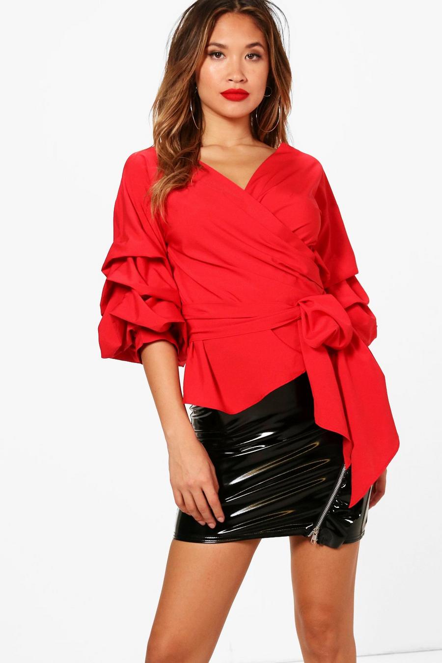 Red Ruffle Tiered Sleeve Wrap Top image number 1