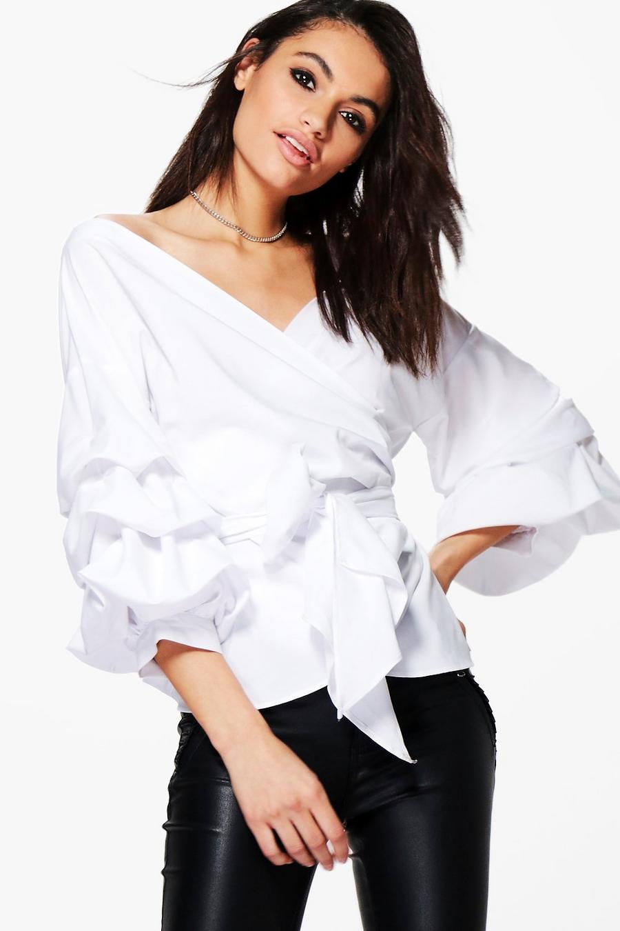 White Ruffle Tiered Sleeve Wrap Top image number 1