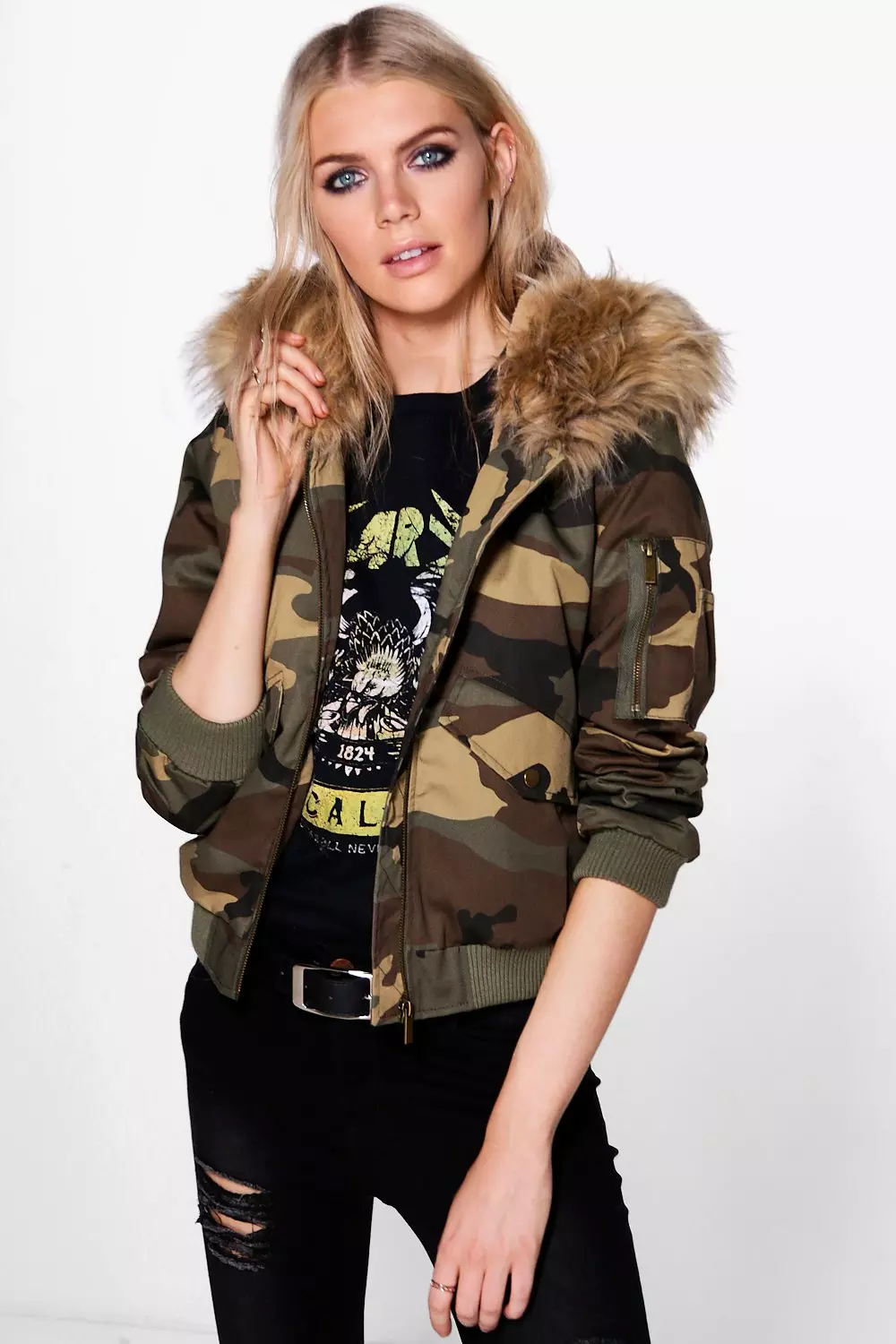 Camo bomber jacket with cheap fur hood