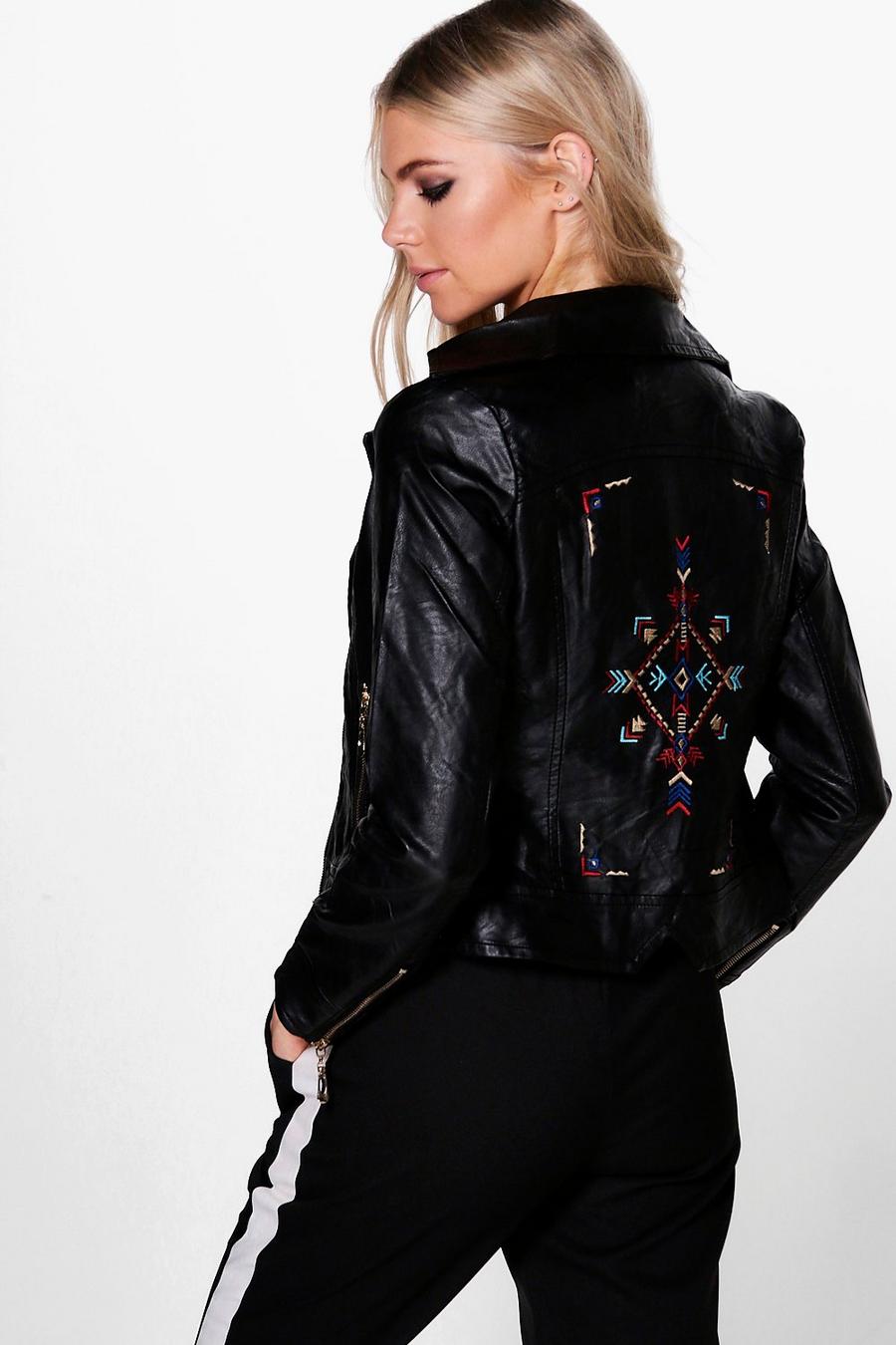 Black Charlotte Aztec Embroidered Biker Jacket image number 1