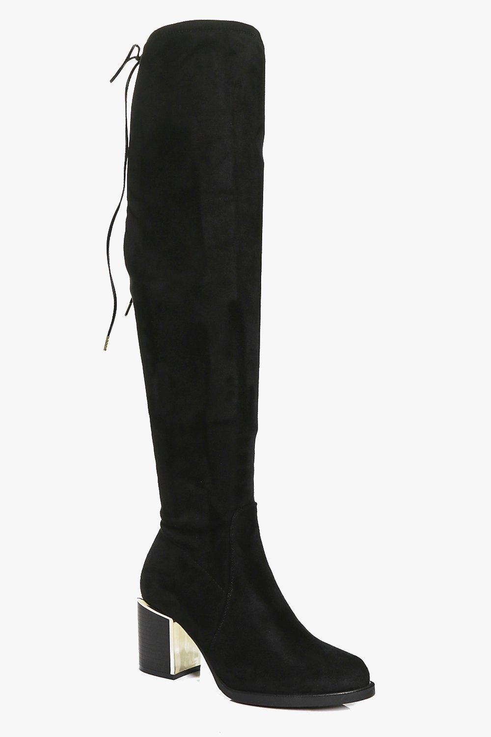 Eva Stretch Over The Knee Boot With Gold Trim | boohoo