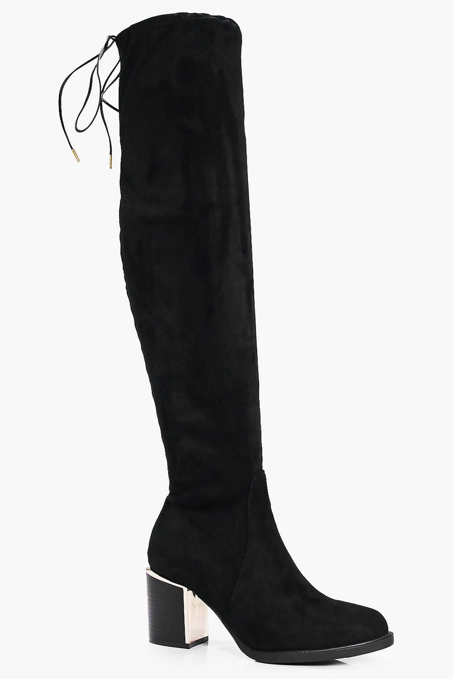 Zoe Stretch Over The Knee Boot With Gold Trim | boohoo