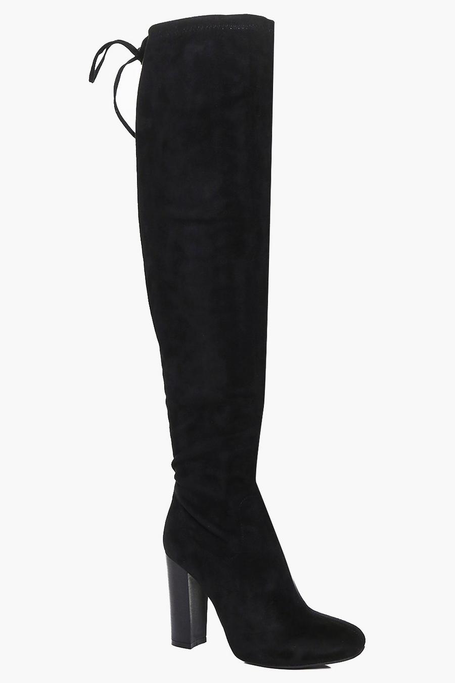 Black Stretch Over Knee Boot With Lace Details image number 1