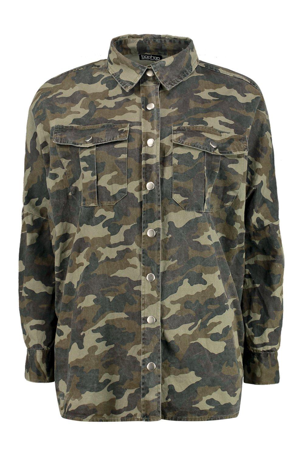 Women's Multi Oversized Camo Washed Denim Shirt