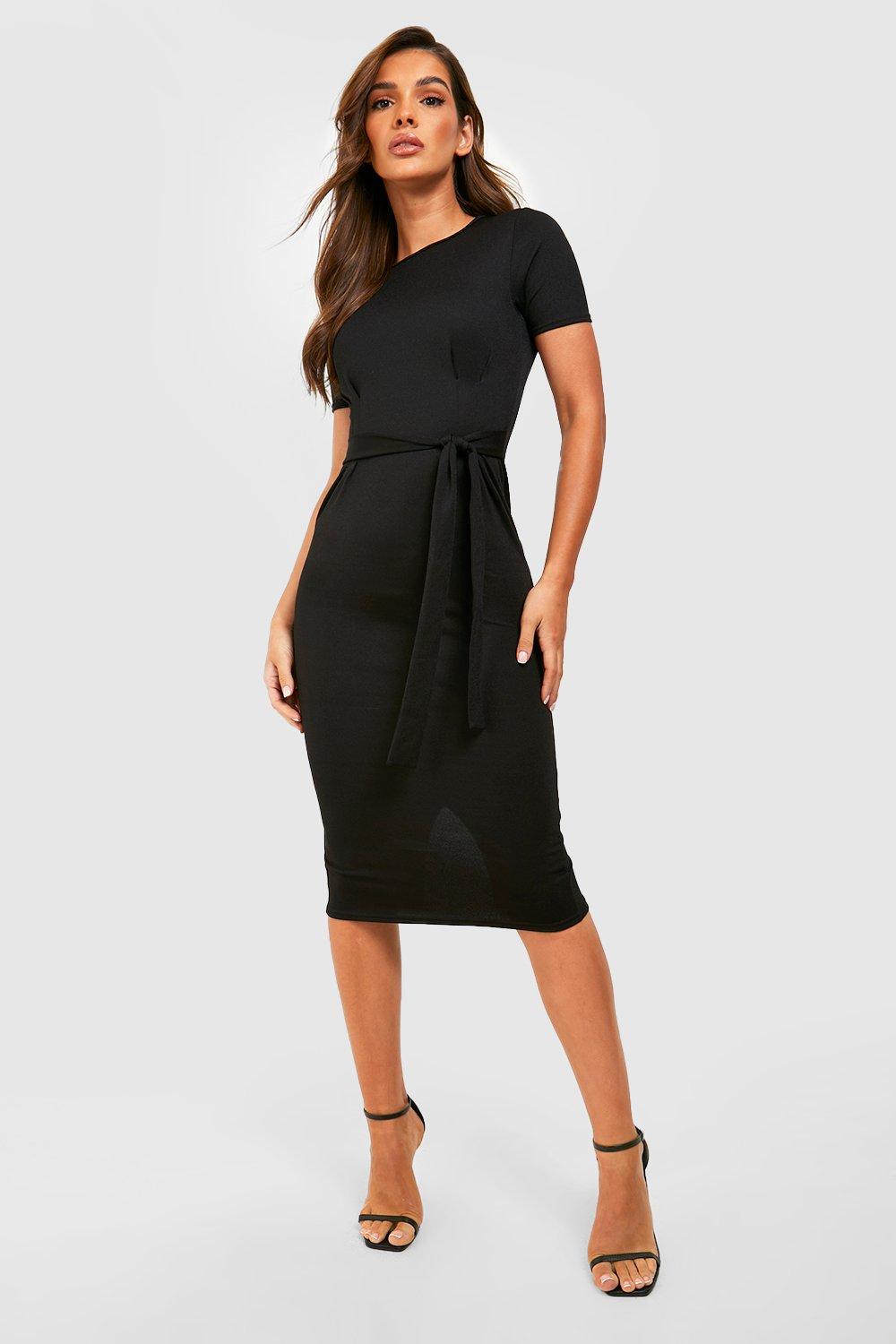 Crepe Pleat Front 3/4 Sleeve Belted Midi Dress