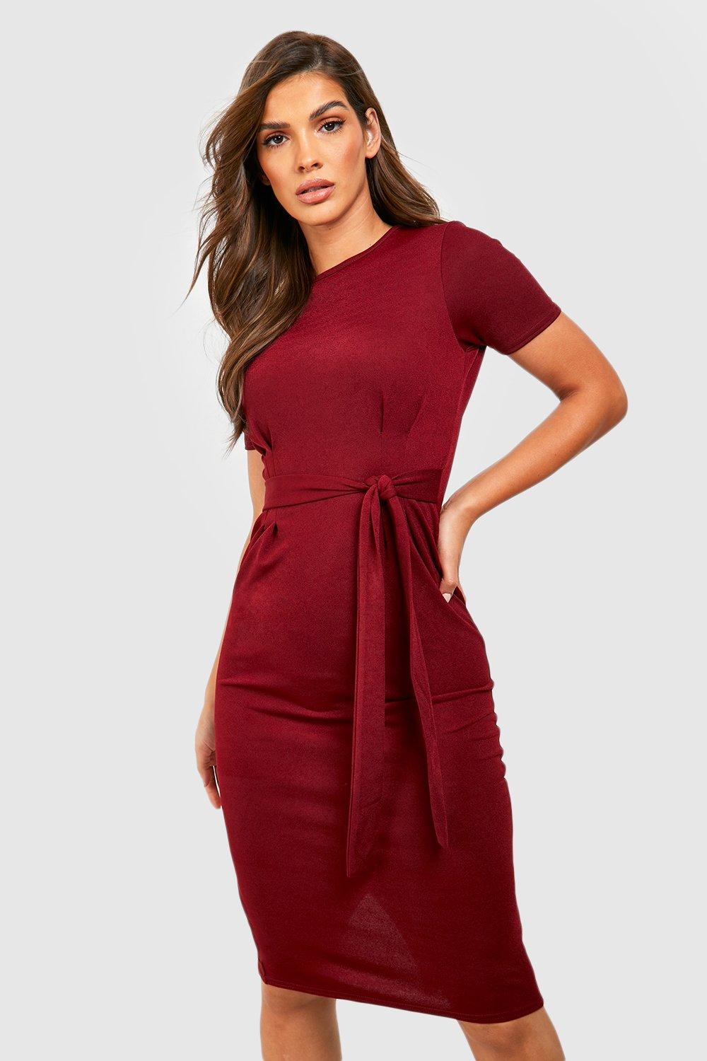 Pleat front belted tailored midi sale dress