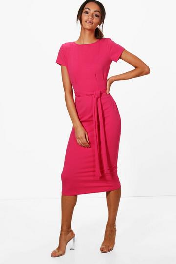 Fuchsia Pink Jersey Knit Crepe Pleat Front Belted Midi Dress