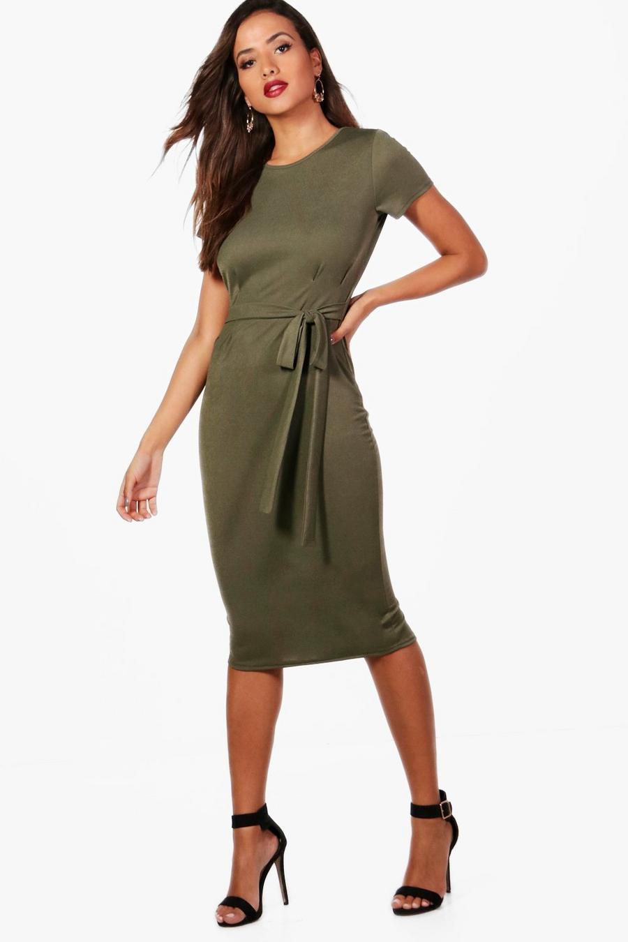 Khaki Jersey Knit Crepe Pleat Front Belted Midi Dress image number 1