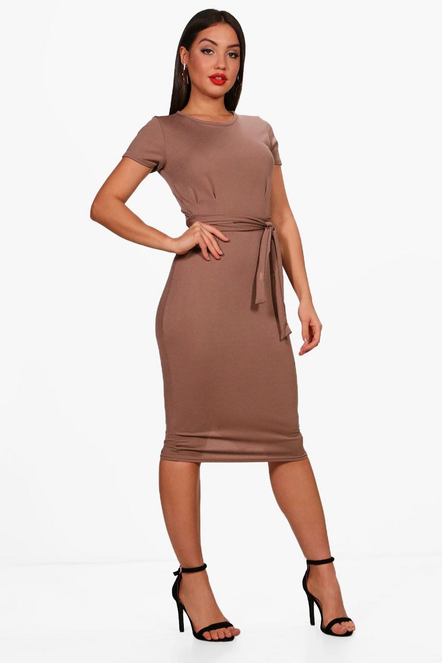 Mocha Jersey Knit Crepe Pleat Front Belted Midi Dress image number 1