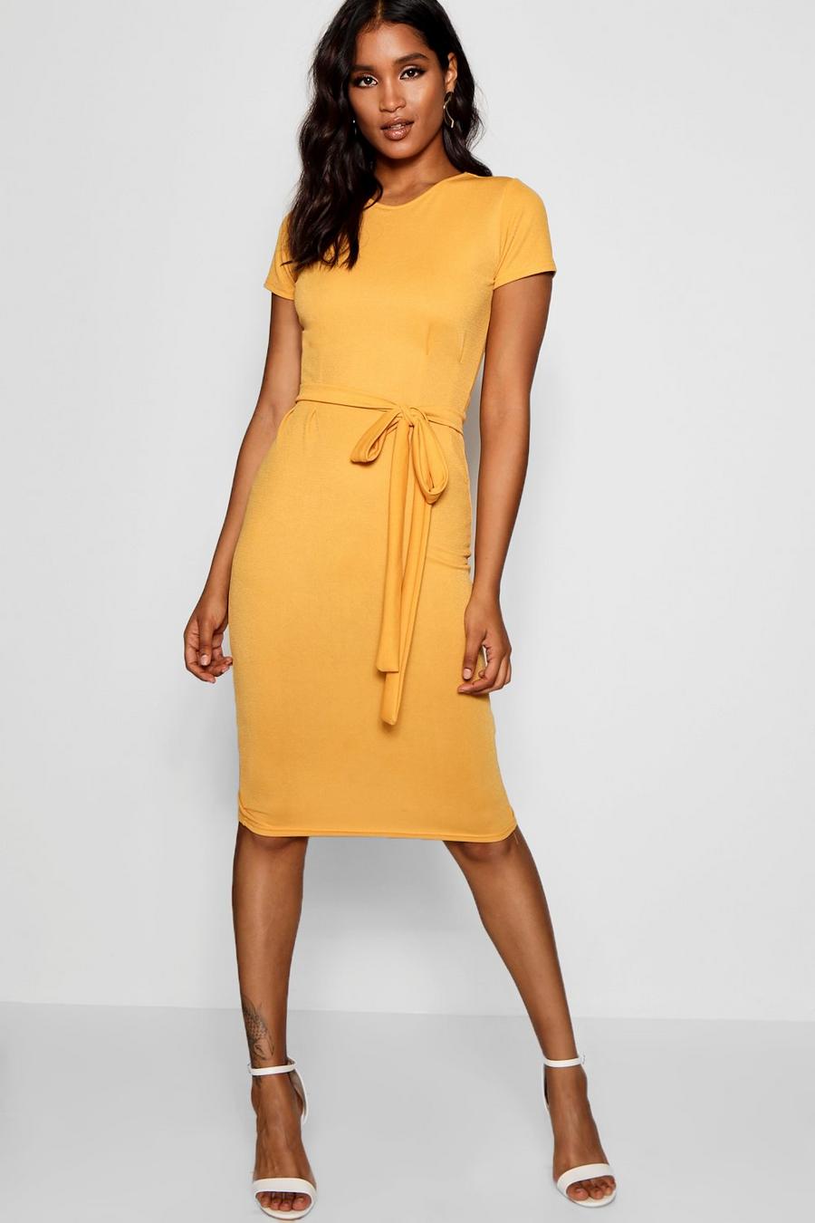 Mustard Jersey Crepe Pleat Front Belted Midi Dress image number 1