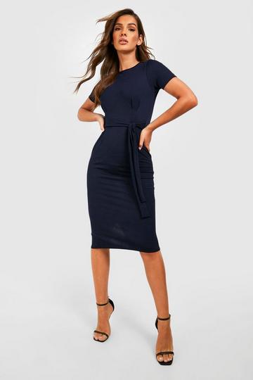 Jersey Knit Crepe Pleat Front Belted Midi Dress navy