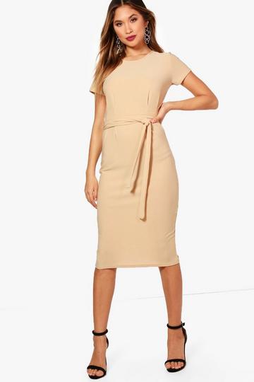 Jersey Knit Crepe Pleat Front Belted Midi Dress stone