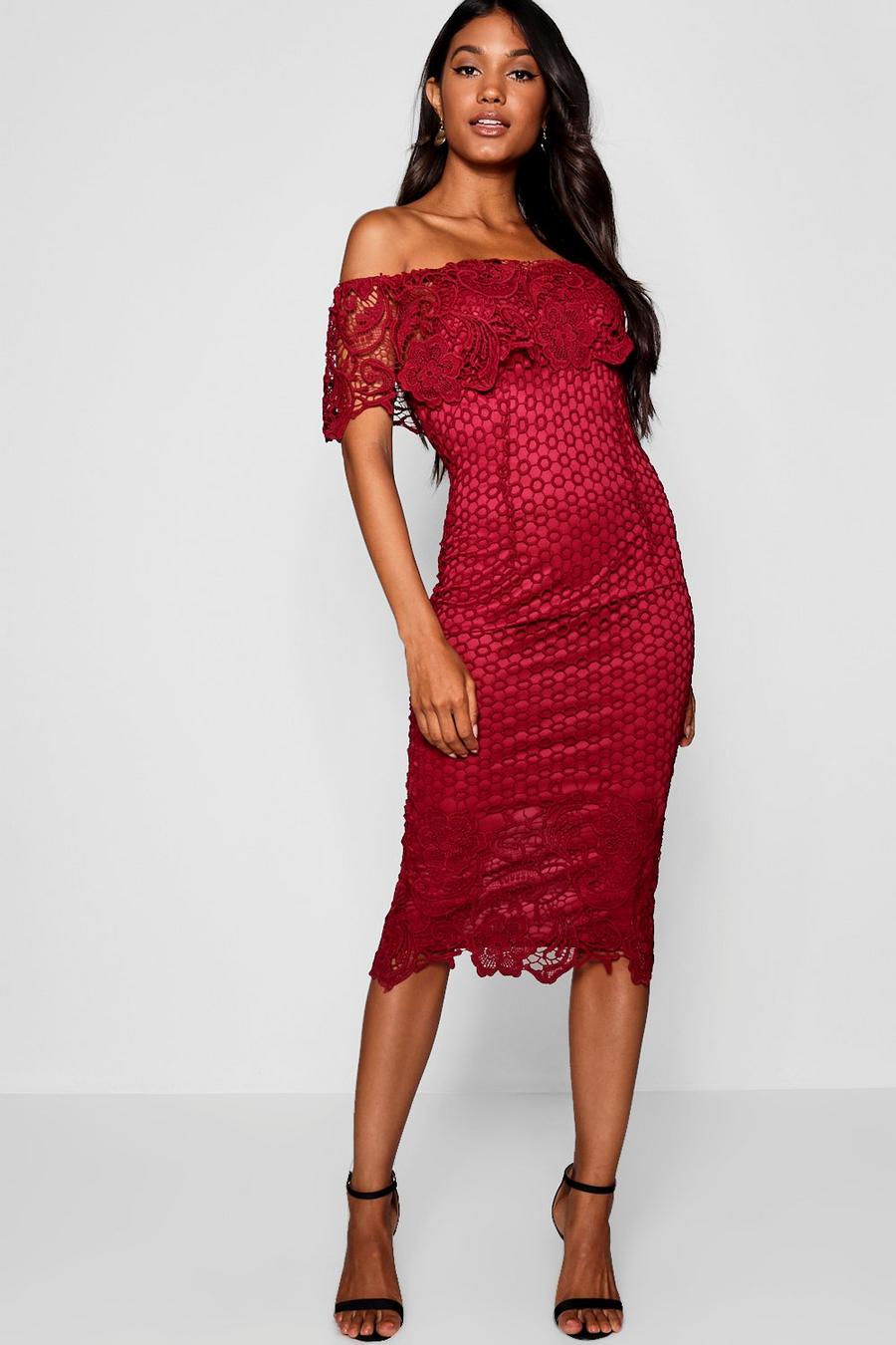 Berry Boutique Lace Off Shoulder Midi Dress image number 1