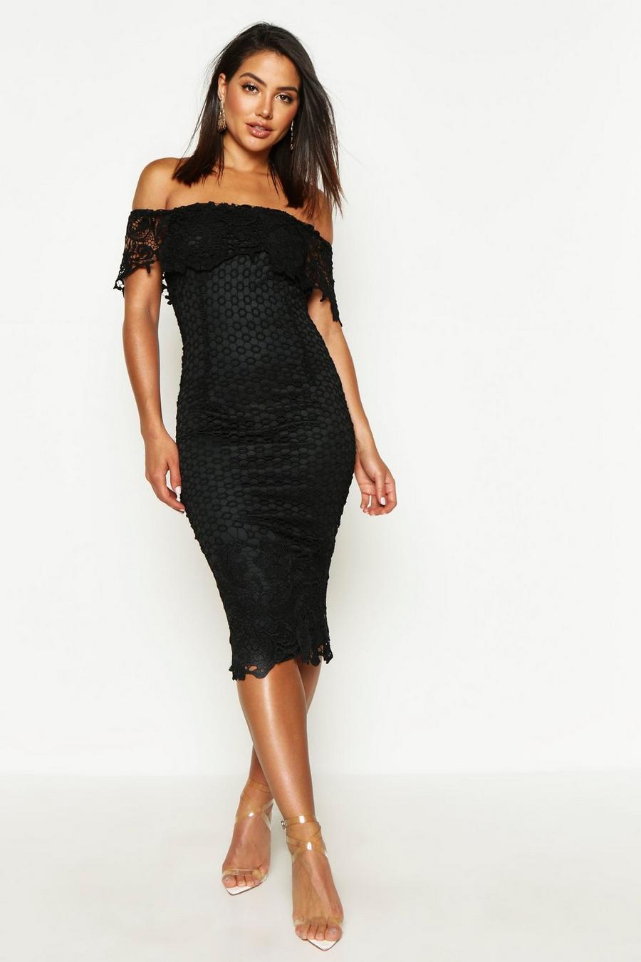 Black Boutique Lace Off Shoulder Midi Dress image number 1