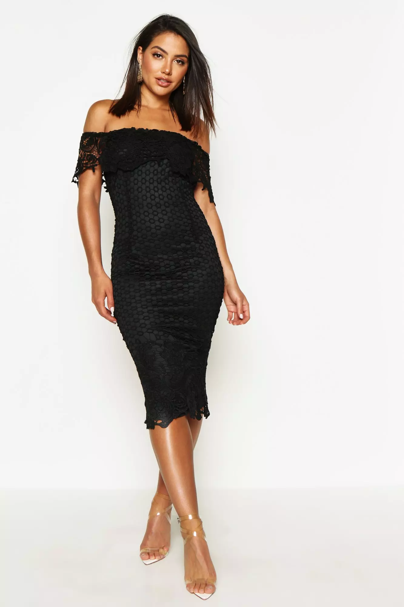 Off shoulder lace cocktail best sale midi dress