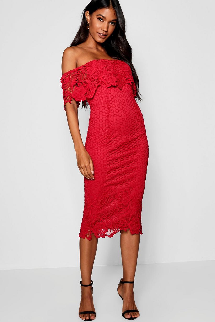Red Boutique Lace Off Shoulder Midi Dress image number 1