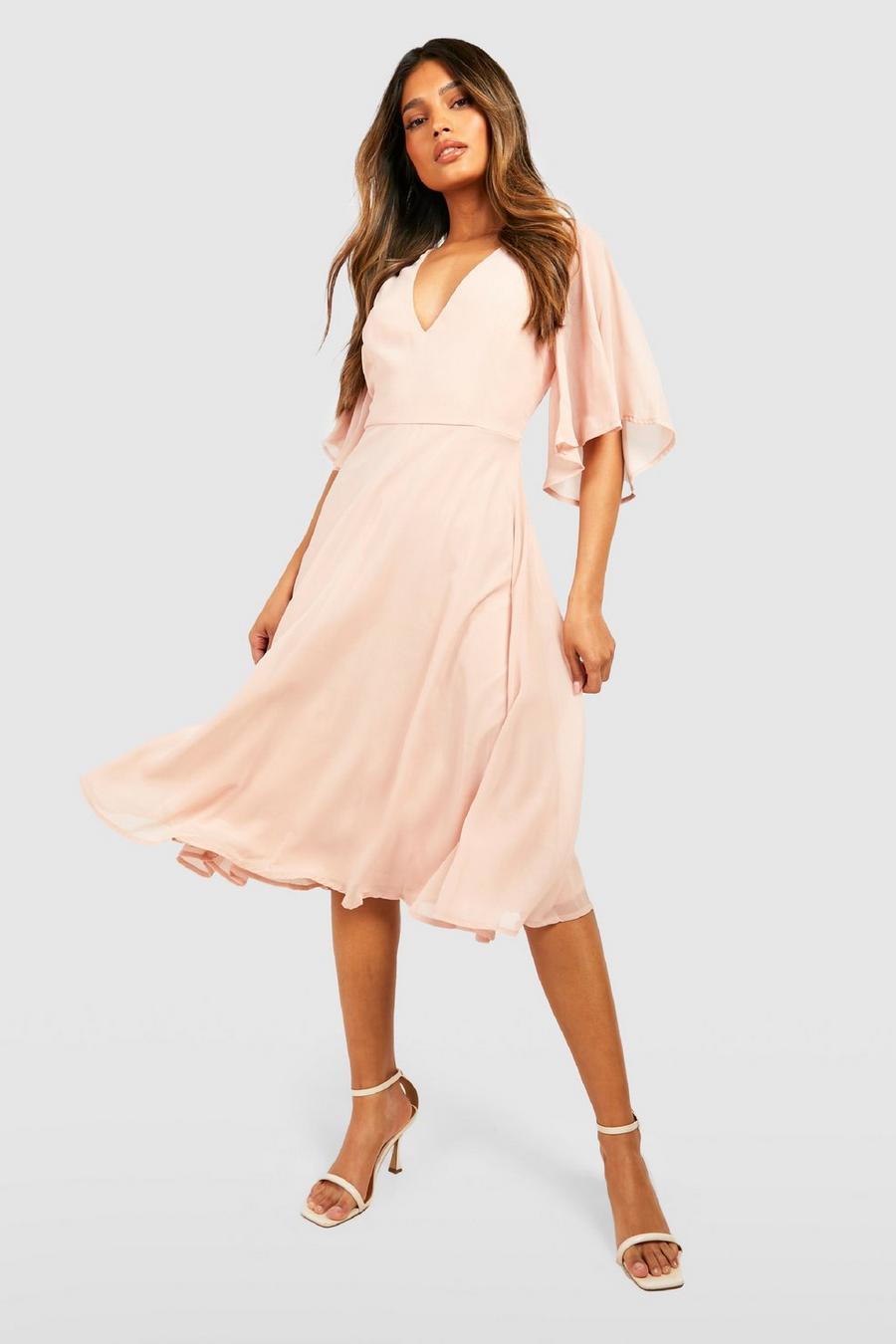 סמוק pink שמלת מידי סקייטר מבד שיפון לשושבינה עם שרוולי מלאך