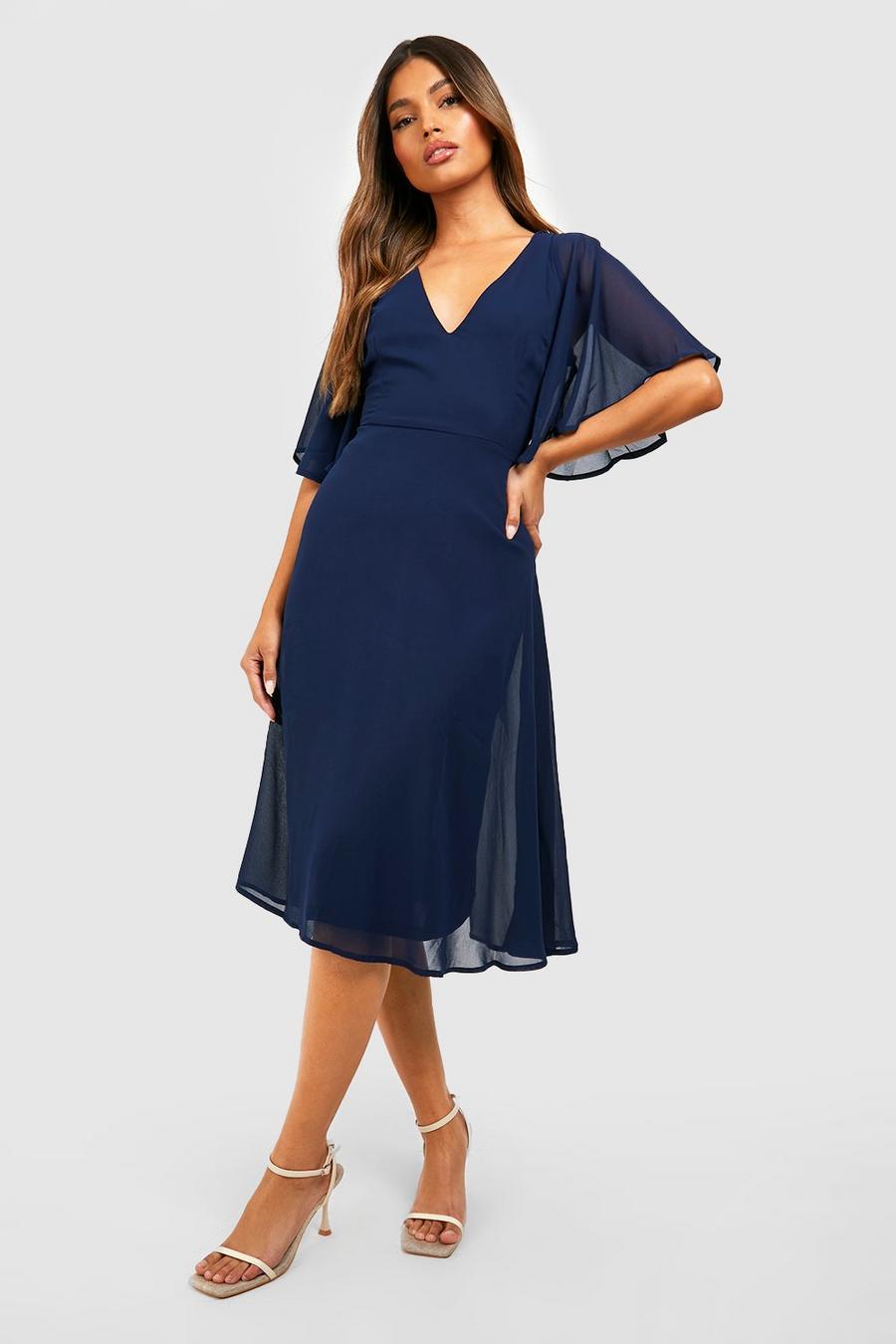 נייבי azul marino שמלת מידי סקייטר מבד שיפון לשושבינה עם שרוולי מלאך image number 1