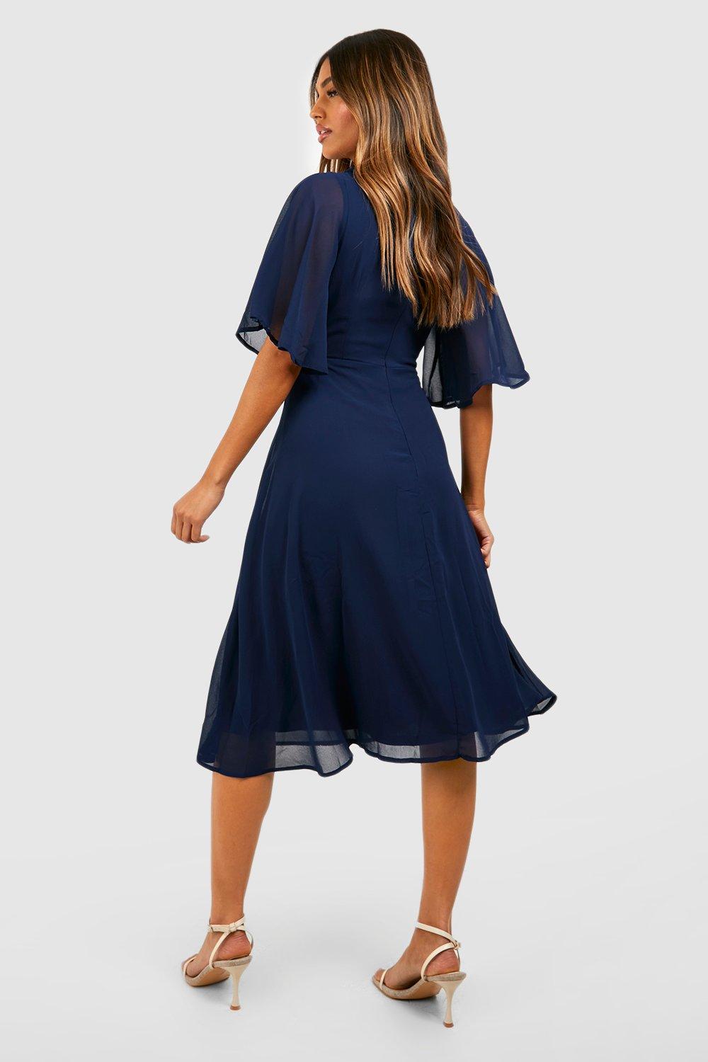 Chiffon Angel Sleeve Midi Skater Bridesmaid Dress