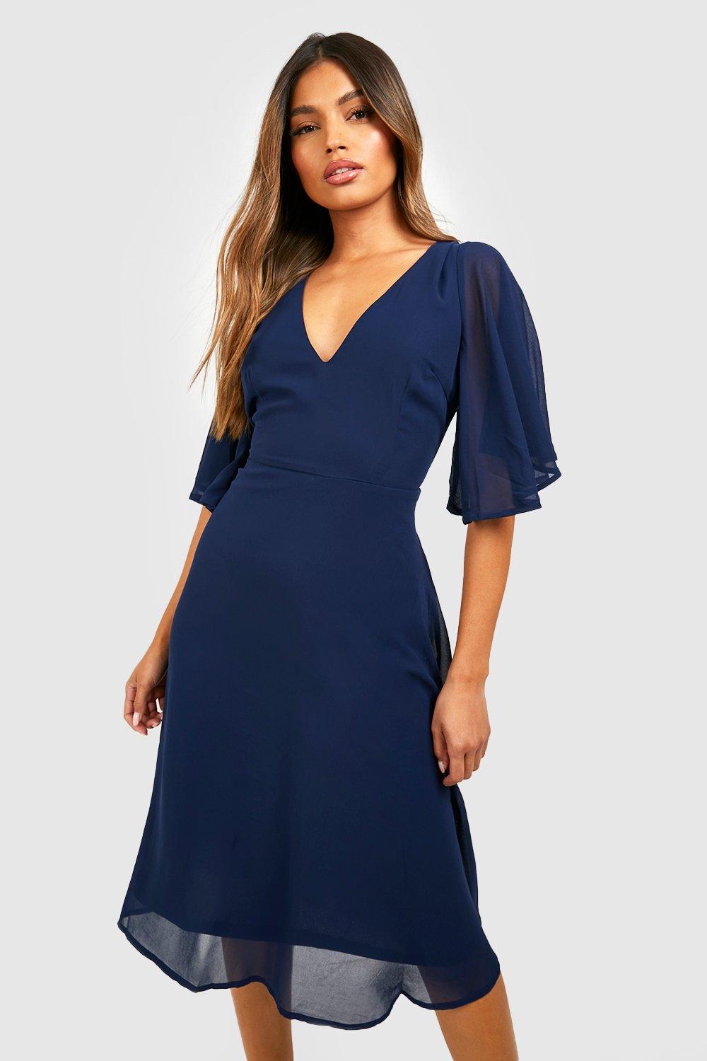 navy angel sleeve dress for Sale OFF 65%