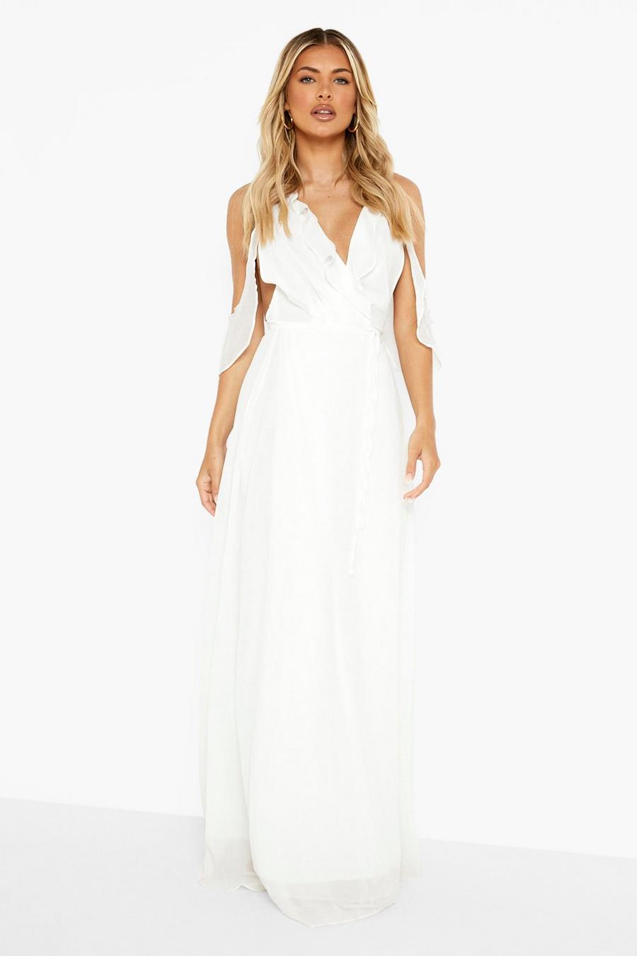Ivory white Chiffon Frill Wrap Maxi Bridesmaid Dress image number 1