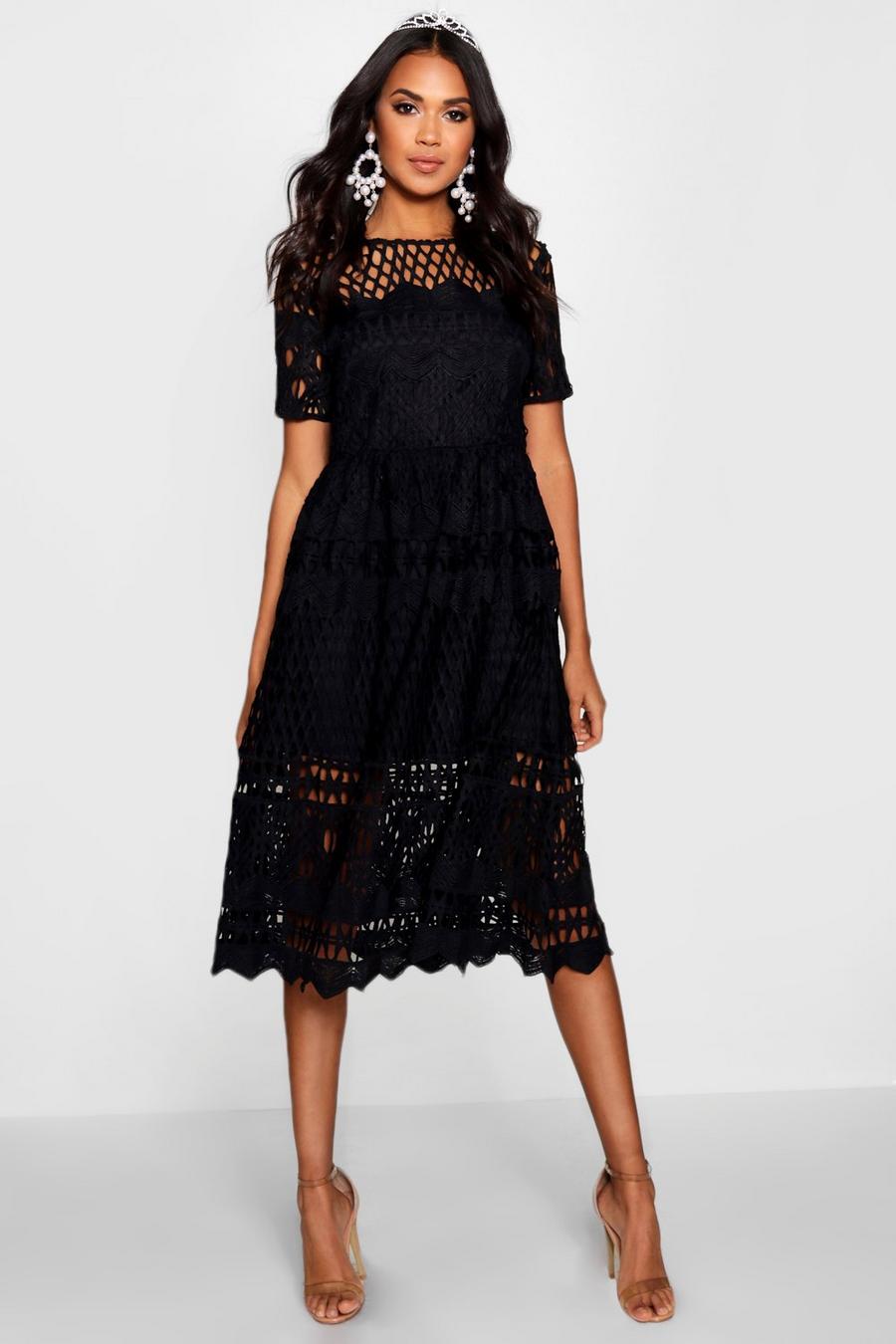 Black Boutique Corded Lace Panelled Skater Dress image number 1