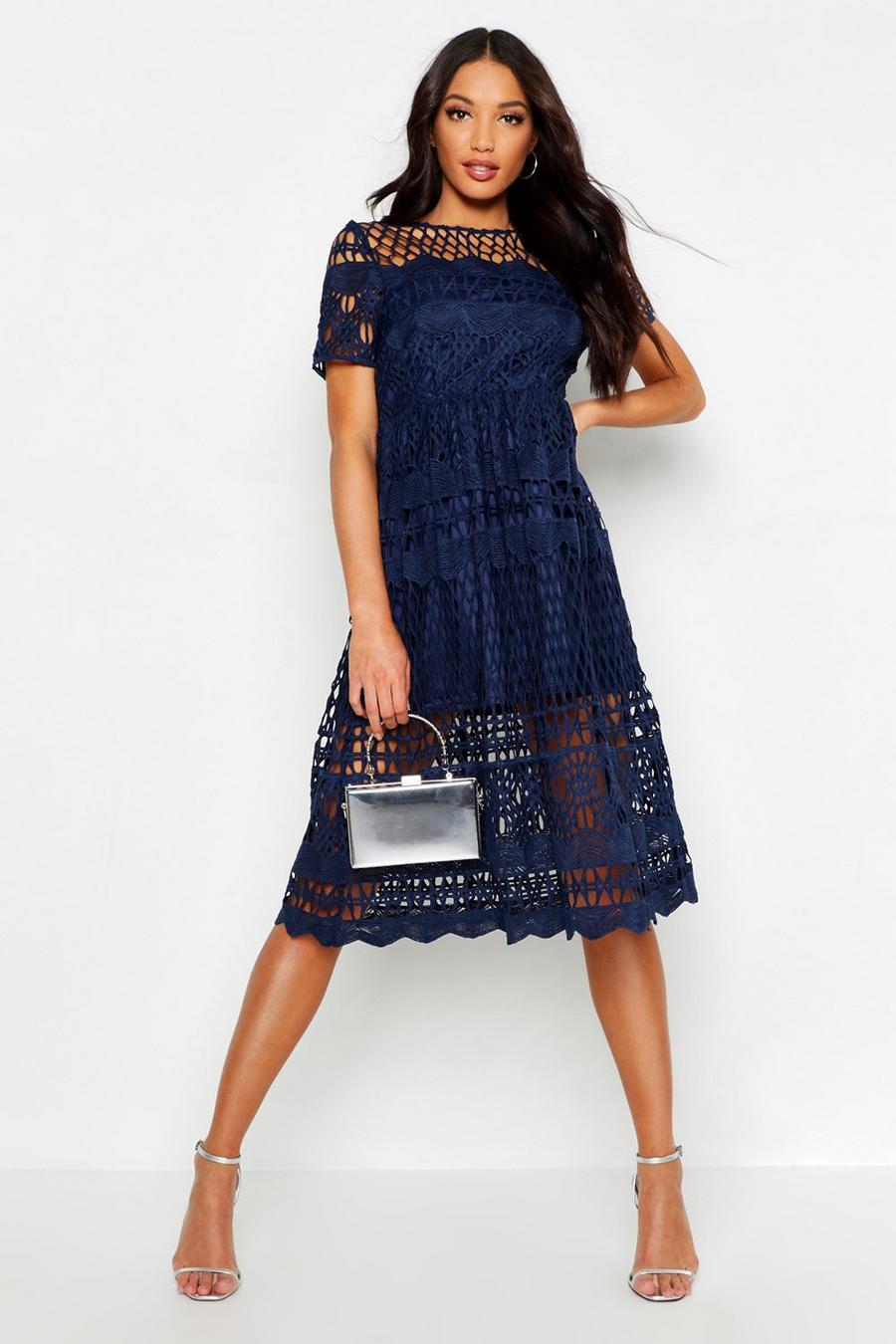 Navy Boutique Corded Lace Panelled Skater Dress image number 1