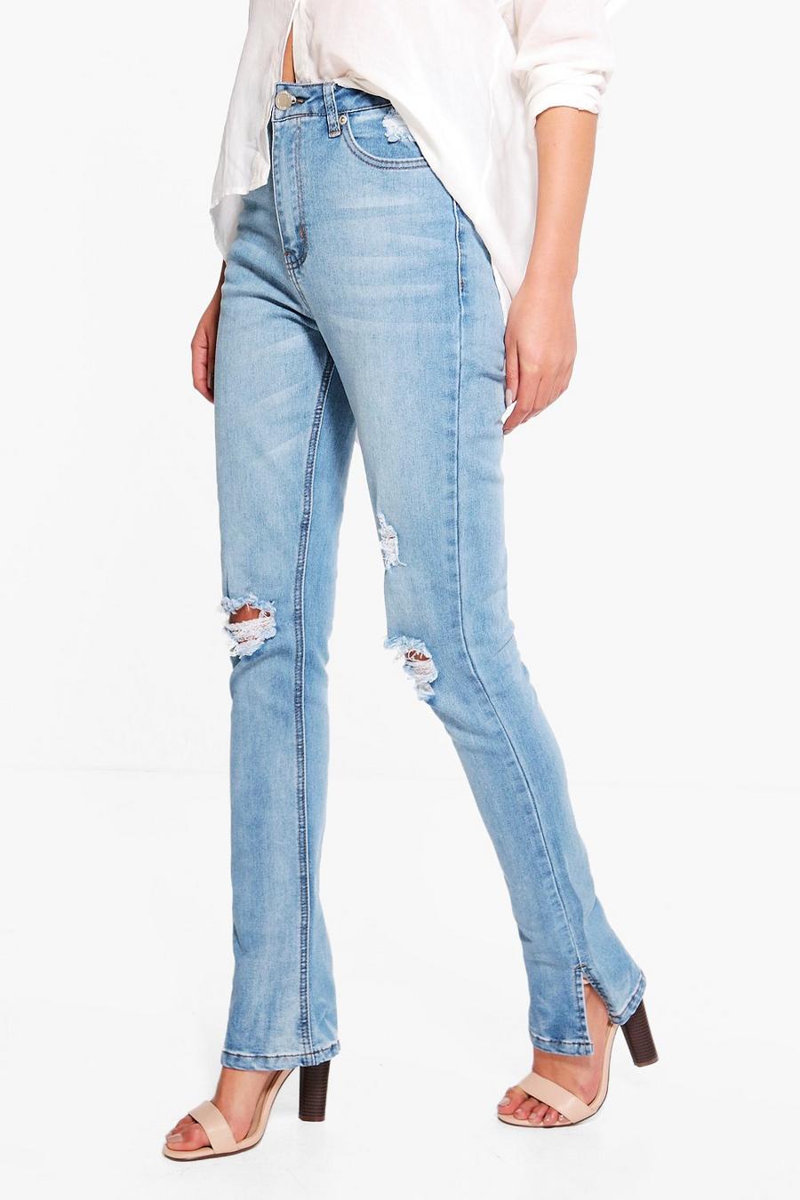 Mid blue blå Abby High Waisted Distressed Kick Flare Jeans image number 1