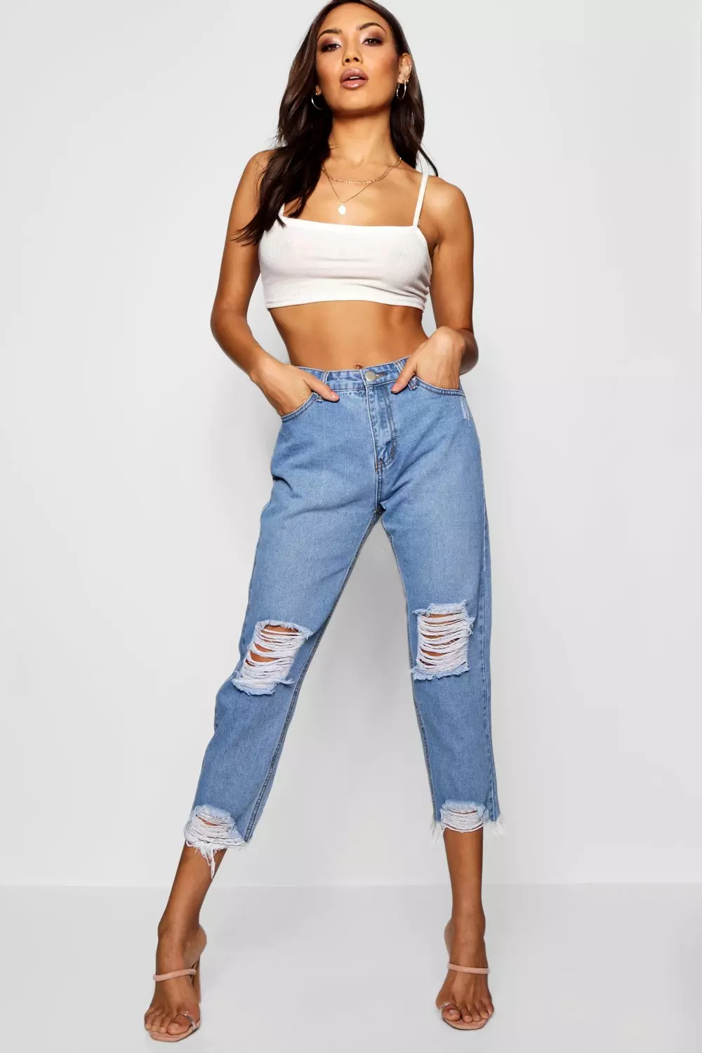 High Rise Destroyed Hem Boyfriend Jeans Boohoo