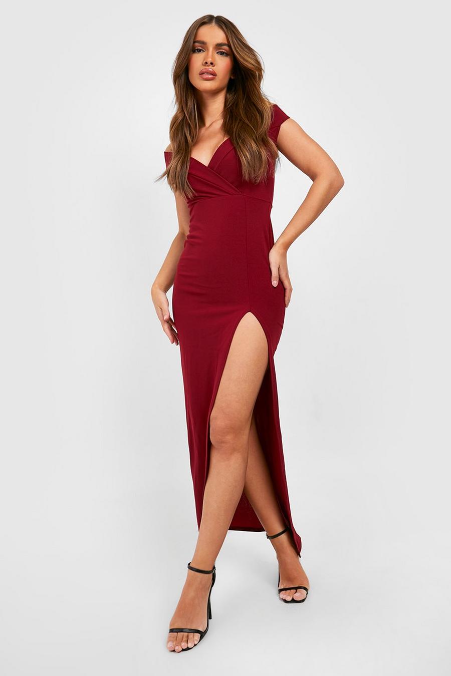 Berry red Wrap Off The Shoulder Maxi Bridesmaid Dress