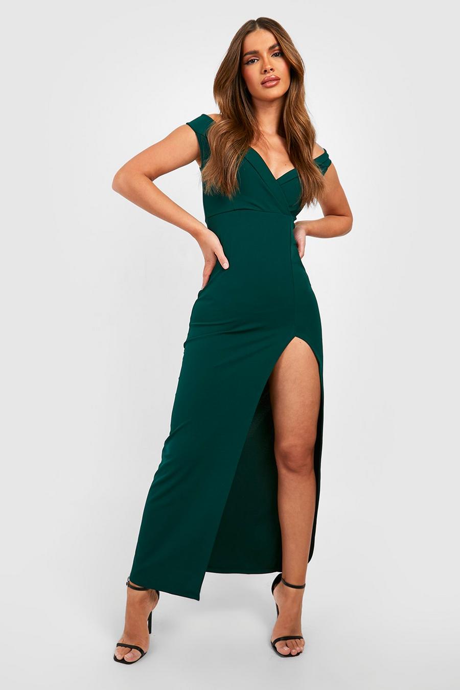 Emerald Wrap Off The Shoulder Maxi Bridesmaid Dress image number 1