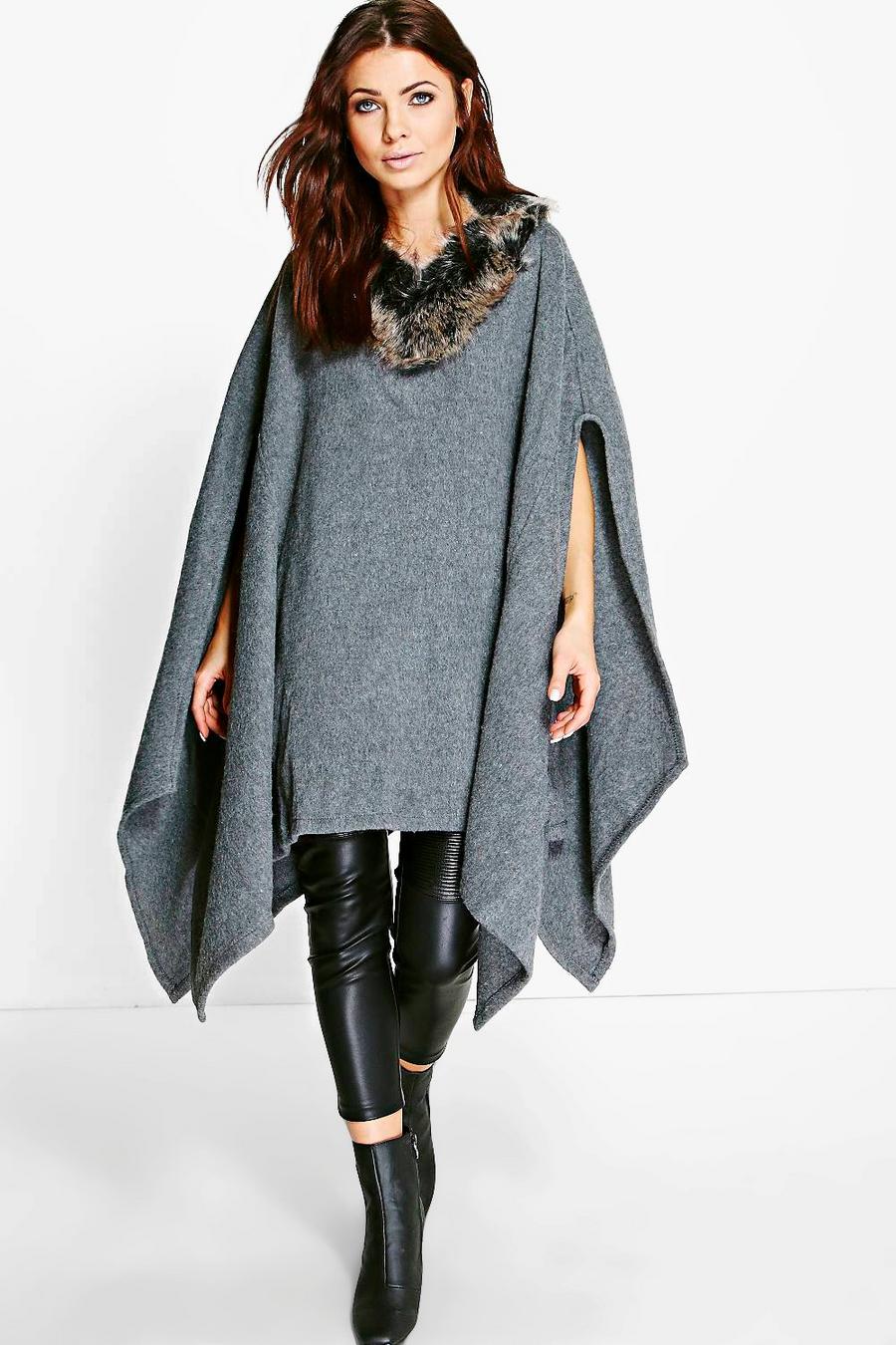 Grey Elizabeth Wool Poncho With Faux Fur Trim