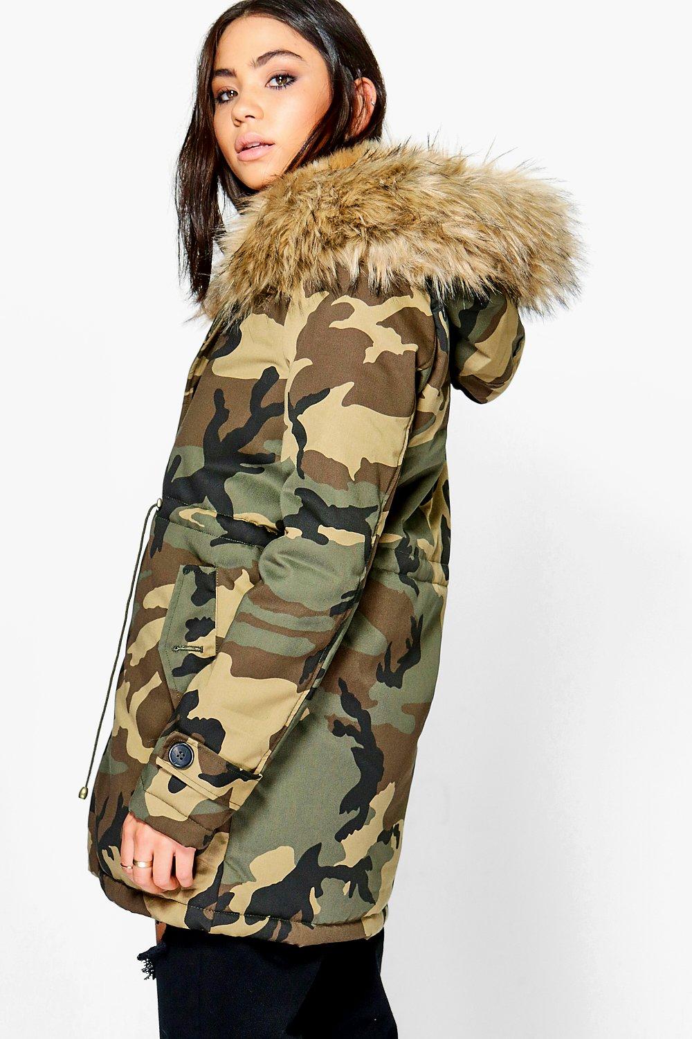 camo faux fur lined parka