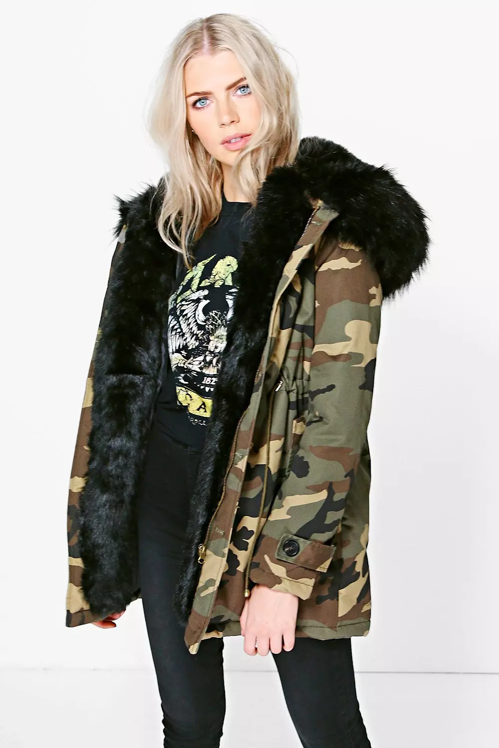 Camo faux outlet fur jacket