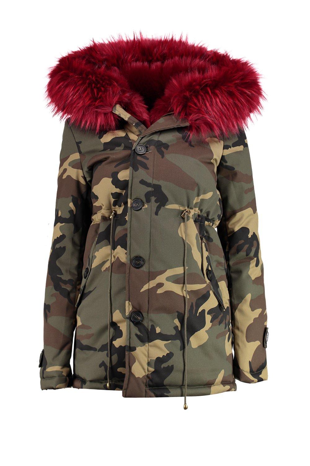 camo faux fur lined parka